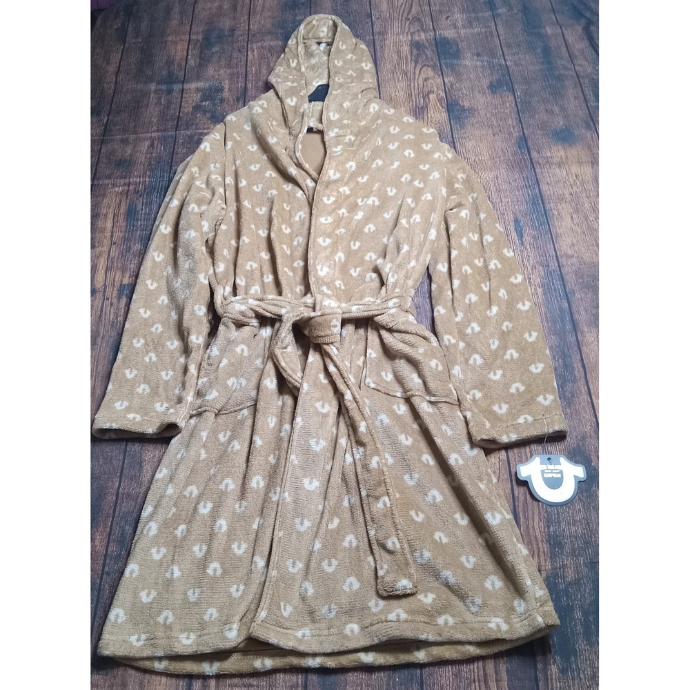 True Religion Men's Sleepwear Robe Pockets Hooded Beige Size Medium‎ New